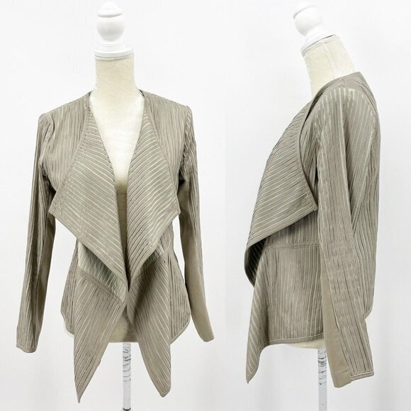 My Tribe Grey Taupe Leather Striped Open Front Waterfall Fitted Jacket - Picture 1 of 8